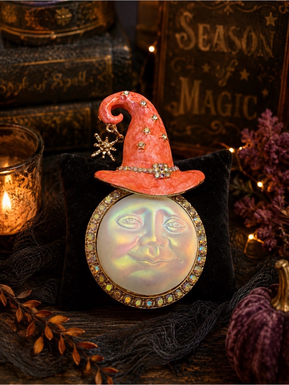 Halloween Moon Face Brooch with Coral Witch Hat